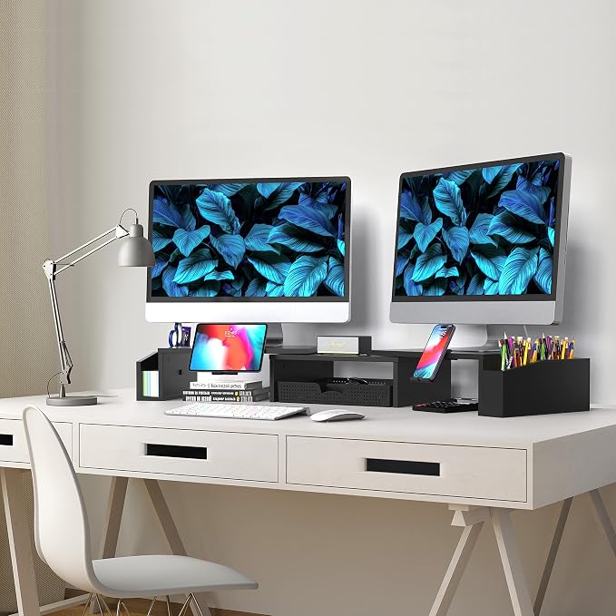 Simple Houseware Desk Dual Monitor Stand Riser with Drawer, Black | Customizable Organizer Tray, Built-In Phone & Tablet Slot and Side Storage