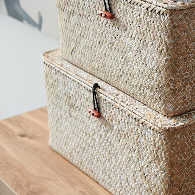 4 Pack, Wicker Baskets with Lids, Natural Seagrass Storage Baskets, Woven Rectangular Basket Bins, Rattan Storage Organizer for Shelf (Whitewashed, Set of 4)