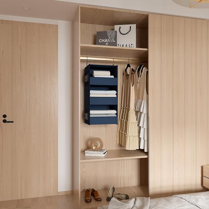 3-Shelf Hanging Closet Organizer and Storage, Foldable Hanging Closet Shelves Front Lip Design Washable Hanging Storage, Navy Blue