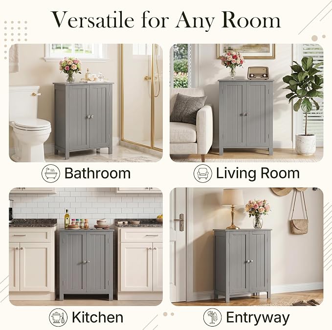 SUPER DEAL Modern Bathroom Floor Storage Cabinet with Adjustable Shelf and Double Door Rust Proof, Living Room Modern Home Furniture Storage Organizer Cabinet, Grey