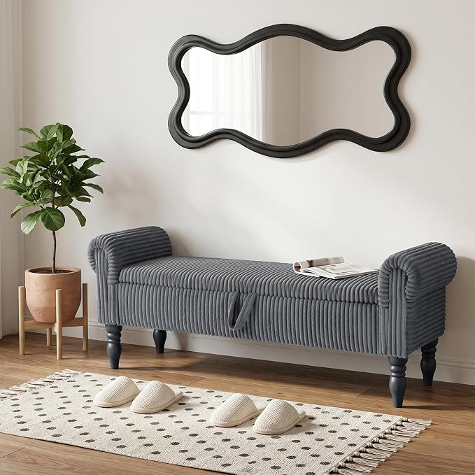 60" Corduroy Storage Bench, Queen End of Bed, Grey | Corduroy Upholstered, Bedroom/Entryway/Closet, Storage Ottoman Bench, Window Seat, Lift-Top, Tufted Button, Solid Wood Legs.