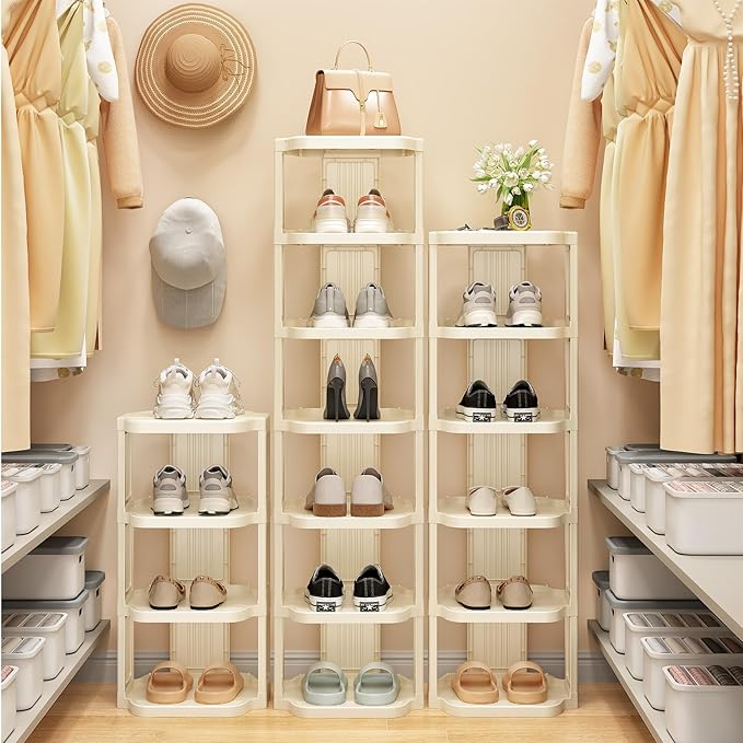 Kitstorack 10 Tiers Stackable Shoe Rack for Closet and Front Door Entrance - Free Standing Plastic Stand, Narrow Tall Vertical Organizer for Small Spaces Storage, White