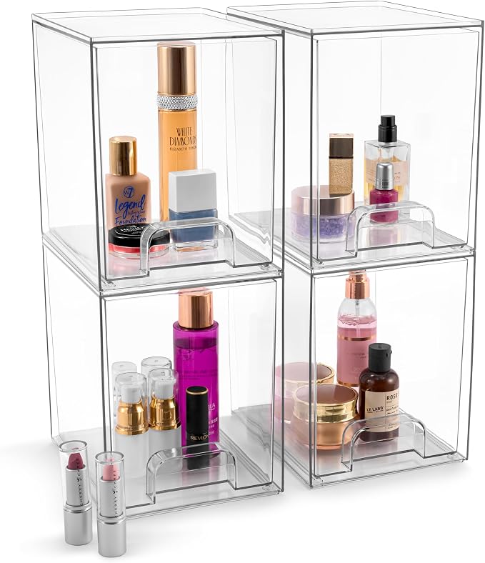 Sorbus Acrylic Storage Containers - 4 Pack, Stackable Storage Bins Set for Bathroom Organization - Clear Acrylic Drawer Organizers - Makeup Case Pull-Out Drawers (7.6’’ Tall)