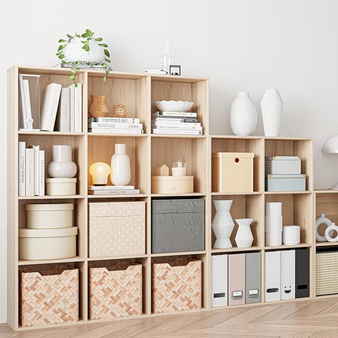 VDNEND Wooden Cube Storage Organizer with Closed Back Panel, 11in Cube Shelf Opening, Bookshelf, Display Shelf,Closet Cabinet for Home and Office (White Oak, 12-Cube 35.98L*9.45W*47.72H)