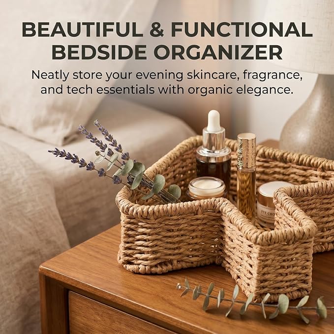 12.4 Inch Wicker Storage Basket - Trapezoid Woven Organizing Caddy for Shelves, Decorative Rattan Bin for Vanity, Kitchen, Bedside Table Essentials