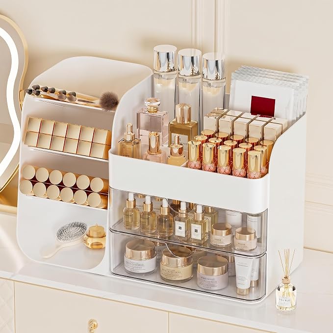 Booklov Small Makeup Organizer for Vanity Countertop, White | Clear Acrylic Cosmetic Display Case, Beauty Brush Holder for Bathroom Counter, Make Up Skincare Lipsticks Storage