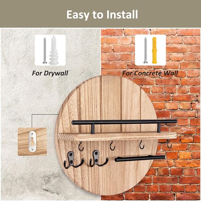 Nekon Key Holder Wall Mount, 11.8 Inch Key Rack with Shelf and 6 Key Hooks, Rustic Key and Mail Organizer, Circular Wooden Key Hanger for Entryway Hallway Kitchen (Wood)