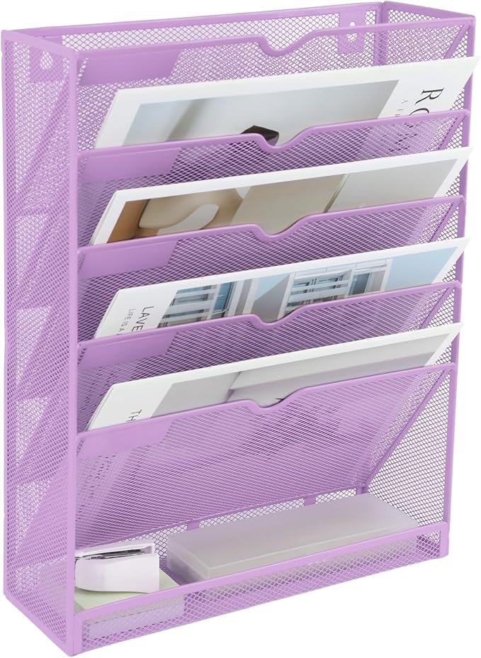EASEPRES 6 Tier Mesh Hanging Wall File Organizer, Desk Vertical Mail Paper Document Folder Holder Rack with Bottom Tray and Nametag Label for Office Home School, Light Purple