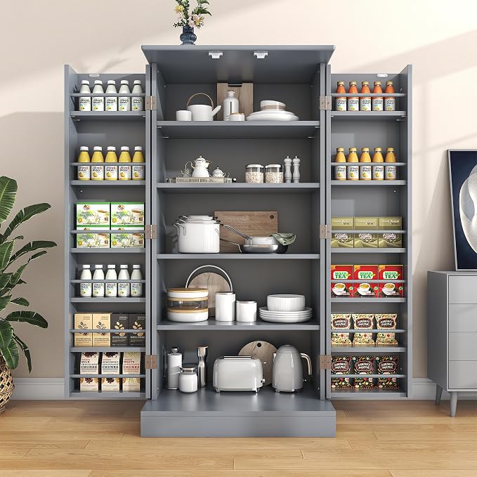 kepptory 47" Kitchen Pantry Cabinet with Doors and Adjustable Shelves, Freestanding Pantry Storage Cabinet, Farmhouse Buffet Cupboard for Kitchen, Dining Room, Living Room, Grey