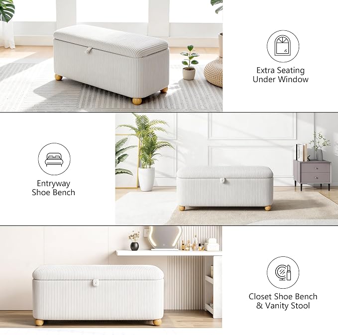 Homebeez 39” Corduroy Storage Ottoman Bench with Hinged Lid & Handle | End of Bed Storage Bench with Wood Ball Legs, for Kids Room, Bedroom, Entryway & Living Room, (White)