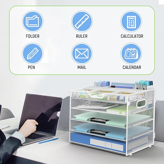 Docnest 5 Tier Mesh Desk Organizer with Removable Tray&Pen Holder, White | Features 3 detachable pen holders and 4 removable dividers.Versatile mesh desktop storage for mail, document,office supplie