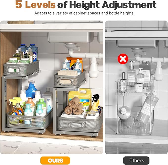 2 Pack 15.7IN-Depth Under Sink Organizer With Smooth Cylindrical Rail,2-Tier Pull Out Multi-Purpose Cabinet Storage for Bathroom&Kitchen,Height Adjustable,Rust-resistant Coating-Gun Gray