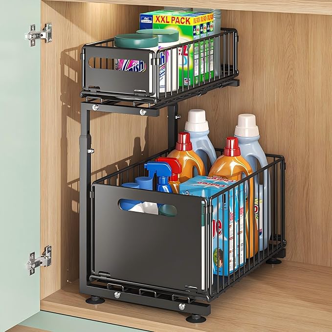 Under Sink Organizer, 2-Tier Multi-Use Kitchen and Bathroom Organizers and Storage, Slide Out Thickened Metal Under The Sink Organizer for Kitchen Bathroom Pantry (Style B Black, 2 Pack)