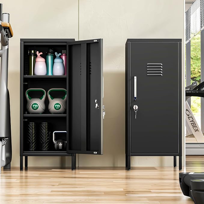 PAOFIN 35" Metal Storage Locker, Lockable Employees Metal Locker with Door and Adjustable Shelves, Steel Locker for Home, School, Office, Gym (Black)
