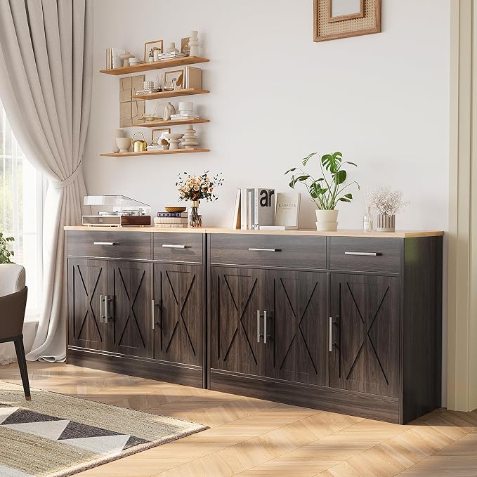 Shintenchi Modern Farmhouse Sideboard Buffet Cabinet,Barn Doors Buffet Cabinet with 2 Drawers & 3 Doors,Wood Coffee Bar Cabinet with Adjustable Shelf for Kitchen Living Room,Brown