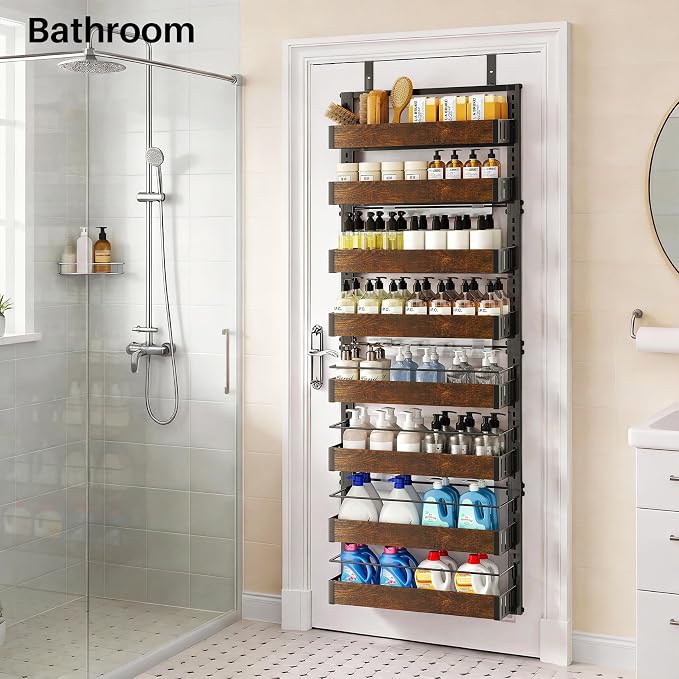 SNTD 8 Tiers Over the Door Organizer - Height Adjustable Pantry Organizers and Storage with Dense Mesh Baskets, Hanging Door Spice Rack for Kitchen Bathroom (Rustic Brown, 17" W x 6" D x 69" H)
