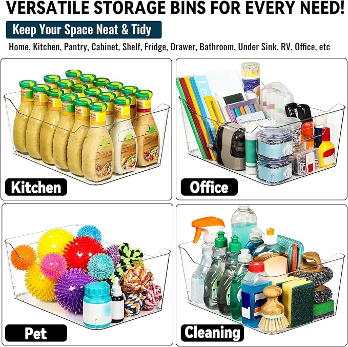12 PACK Multi-Use Clear Plastic Storage Bins for Organizing w/ Labels - Home, Kitchen, Pantry, Bathroom, Office, Cabinet Shelf Organizer Bins - SOHO Collection, RV, Fridge Organization Containers -XXL