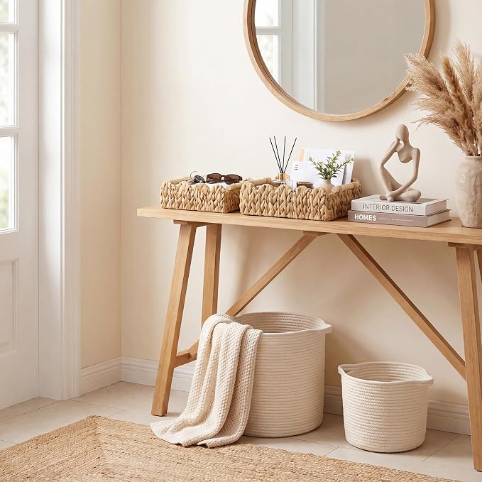 StorageWorks Toilet Paper Basket 2 Pack, Back of Toilet Basket with Wooden Handles, Small Wicker Decorative Scalloped Baskets for Organizing, Living Room Storage, Natural Water Hyacinth