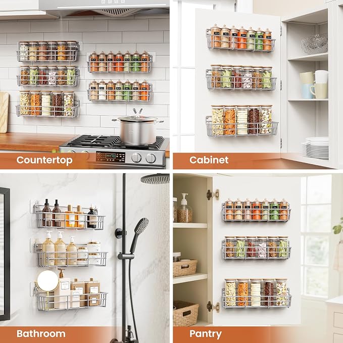 Mystozer 5 Pack Spice Rack Seasoning Organizer Wall Mount, Screw or Adhesive Hanging Shelf Basket Spice Organizer Pantry Organizers Shelf for Kitchen Spice Organization for Cabinet (Silver)
