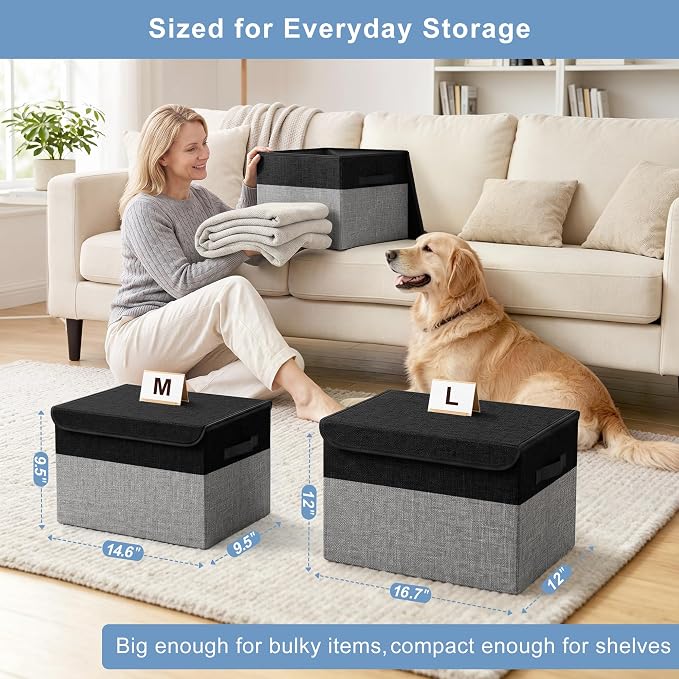 Bagnizer Large 22 Quart Linen Fabric Foldable Storage Bin Cube Organizer Basket with Flip-Top Lid & Handles, Clothes Blanket Box for Home, Office, Closet, Black & Gray, 4 Pack 14.6 x 9.5 x 9.5