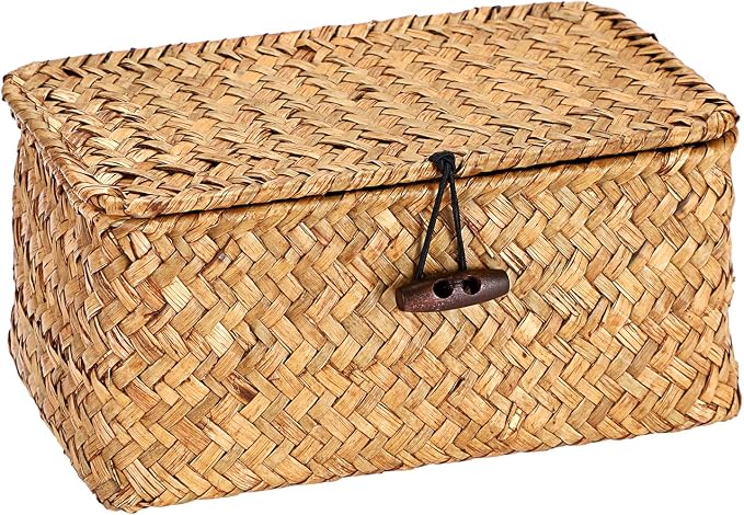 Hipiwe Small Seagrass Wicker Box with Lid Decorative Shelf Basket Bin | Handwoven Basket Storage Boxes for Home Decor, Multipurpose Desktop Organizer, Caramel 7.0" x 4.3" x 3.3"