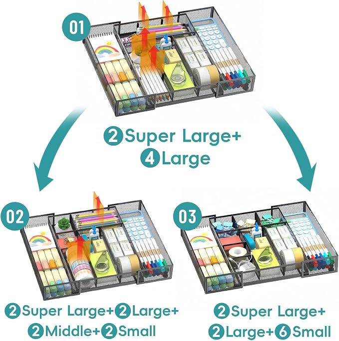 2 Pack Expandable Desk Drawer Organizer, 10 Compartments, Black | Metal mesh drawer organizer tray with 5 removable dividers, expands from 8.74 to 16 in for office supplies, makeup or tools