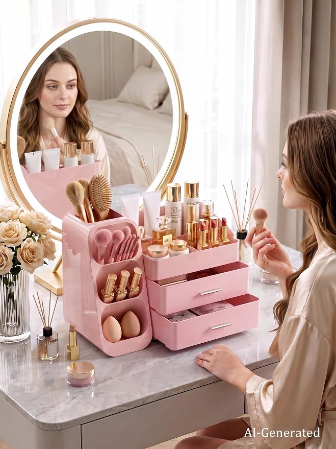 Makeup Organizer with Drawers,Large Capacity Countertop Organizer for Vanity,Bathroom and Bedroom Desk Cosmetics Organizers,Easy To Storage Skincare,Brushes,Lotions (All Pink)