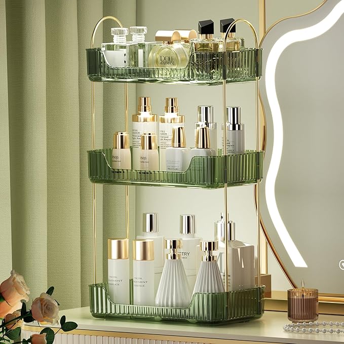 Akinbas 3 Tier Bathroom Organizer Countertop Makeup Perfume Tray Skincare Organizer for Bathroom Dresser Vanity (Green)