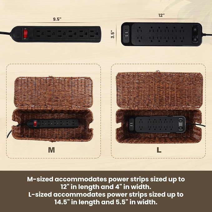 BROWNLILY Rattan Wire Storage Box, Handmade Cord Organizer for Desk Cord Hider Outlet Covers for Power Strip TV PC Router Charger Under Desk Cable Management Box