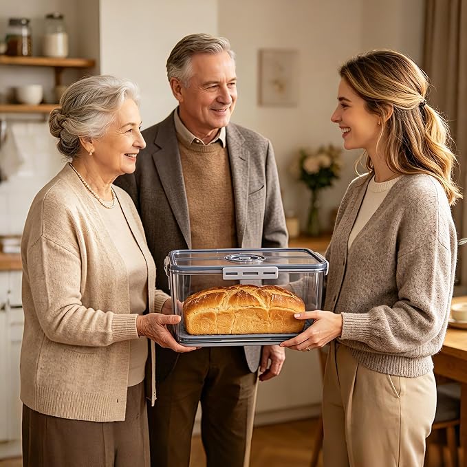 Bread Box Bread Boxes with Lid for Kitchen Counter, Airtight Loaf Bread Storage Container,Large Time Recording Bread Keeper for Homemade Bread, Toast, Bagel, Donut and Cookies ,Not dishwasher safe