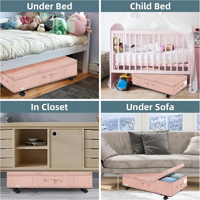 Supowin Under Bed Storage with Wheels, 2Pack Rolling Underbed Storage | 7.3 Inches Tall Under the Bed Container with Lids, Reinforced Handle, Reinforced Metal Bottom Support, 360° Rotating Wheels