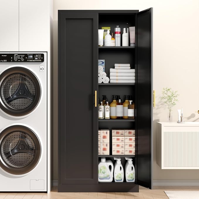 71”Tall Kitchen Pantry Cabinet, Metal Storage Cabinet with Doors and Shelves (Black)