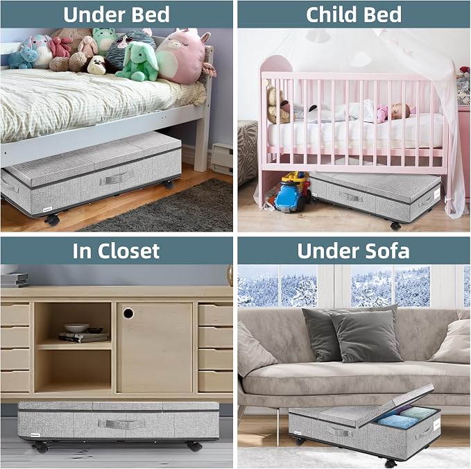 Supowin Under Bed Storage with Wheels, 2Pack Rolling Underbed Storage | 7.3 Inches Tall Under the Bed Container with Lids, Reinforced Handle, Reinforced Metal Bottom Support, 360° Rotating Wheels