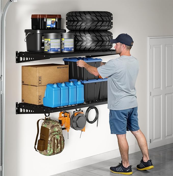 FLEXIMOUNTS 2 Pack 2x4ft Garage Storage with 4 Hooks, Black | 24x48 in, 660 lb Capacity, Heavy-Duty Steel, For Garage & Workshop, Storage Bins, Garden Tools, Pro Series