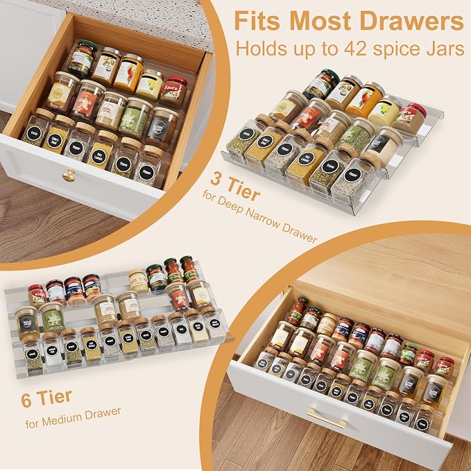 Expandable Spice Drawer Organizer Insert, 6-Pack Kitchen Adjustable Seasoning Rack Tray (13" to 26"), Clear Acrylic with Anti-Slip Mat, for Cabinet Countertop (Jars Not Included)