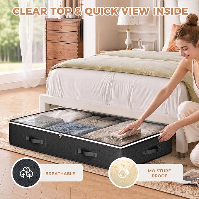 Budding Joy Under Bed Storage Containers with Clear Lids, 4 Pack | Foldable closet organizers for clothes, blankets, shoes, bed sheets, comforter, wrapping paper, home dorm storages, 60L black