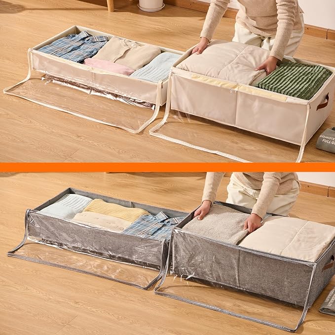60L Large Under Bed Storage with Wheels Pack of 2, Underbed Shoe Container Bin with Clear Lid Cover, 10.5 Inches Rolling Under Bed Drawer Storage Bag Basket for Boots Quilt Sweater - Grey