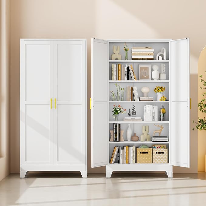 75" White Tall Metal Storage Cabinet with 2 Doors and 5 Adjustable Shelves,Steel Garage Tool Cabinet, File Cabinet,Kitchen Pantry Cabinet for Home,Office,Garage,School,Warehouse