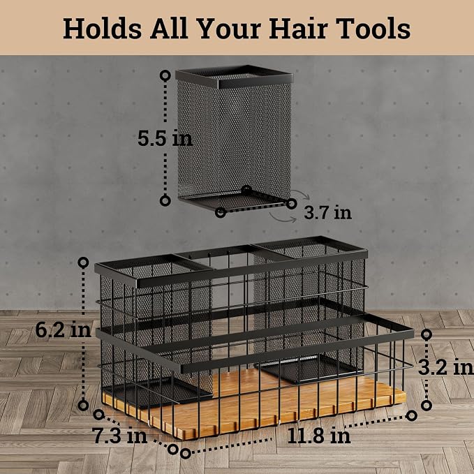 Hair Tool Organizer Countertop, Breathable Metal & Bamboo, Heat-Resistant | No Assembly Required, Removable Baskets, Heat-Resistant Iron, Bamboo Base, Spacious & Breathable Hot Tools Organizer Vanity