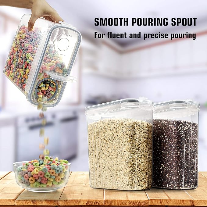 Wildone Cereal Storage Containers Set, Large BPA Free Plastic Airtight Food Storage Containers 4L /135.3oz for Flour, Sugar, 6 Piece Set Cereal Dispensers with 20 Labels & Marker, Grey