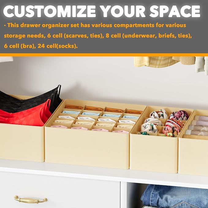 SpaceAid Underwear Drawer Organizer, 4 Pack Dresser Organizer Bins for Nursery, Closet Organization and Storage with Dividers for Baby Clothes Socks Bra Ties Scarf (Beige)
