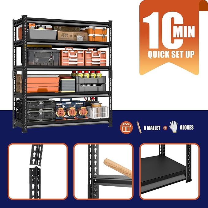 48" W Garage Shelving Heavy Duty, 2400LBS Loads Adjustable Garage Storage Shelves, 5-Tier Metal Shelving Units and Storage Racks, Industrial Utility Shelf, 48" Wx18 Dx78 H, Black