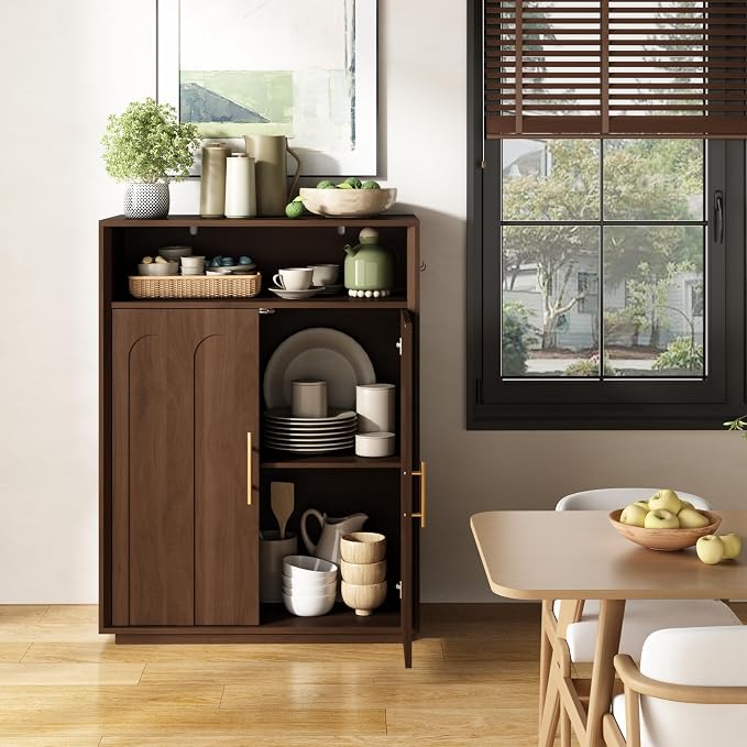 Shoe Cabinet with Arched Doors, 43" Hidden Shoe Storage, Walnut | Tall Large, Adjustable Shelves, 5-Tier Mid Century Modern Shoe Rack Organizer, for Entryway Hallway Living Room