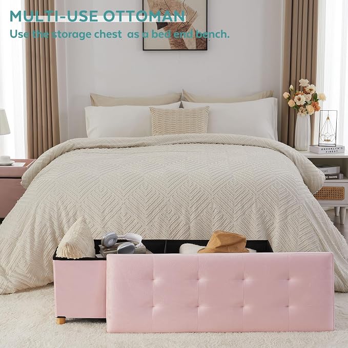 BRIAN & DANY 43 Inches Folding Storage Ottoman Bench, Ottoman with Storage Bench for Bedroom, Living Room, Entryway, with Legs, Pink