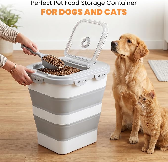 40 Lbs Dog Food Storage Container, Collapsible Cat Food Container | Airtight Pet Food Storage Containers with Wheels, Clear Window, 2 Measuring Cup, Scoop, BPA Free for Rice, Flour, Bird Seed