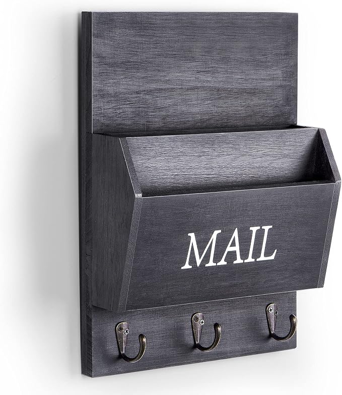 DLQuarts Mail Organizer with Key Holder for Wall, Mail Sorter Wall Mounted, Decorative Wooden Key and Mail Holder with 3 Hooks, Black