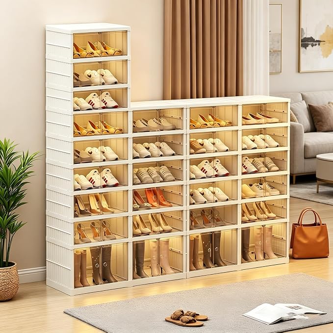 Shoe Rack Storage Cabinet Organizer 10 Tiers 40 Pairs Shoes Box Foldable Stackable Closet Shelf, Entryway, Living Room Large Container with Magnetic Clear Door, Dustproof for Sneakers & Boots