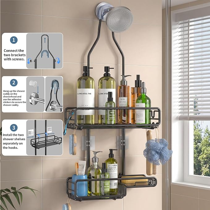 Skyapex Hanging Shower Caddy Bathroom Organizer - Over The Shower Head Adjustable Rack for Tall Showerheads, Extra Large Storage Shelf with Soap Holder for Big Shampoo Bottles
