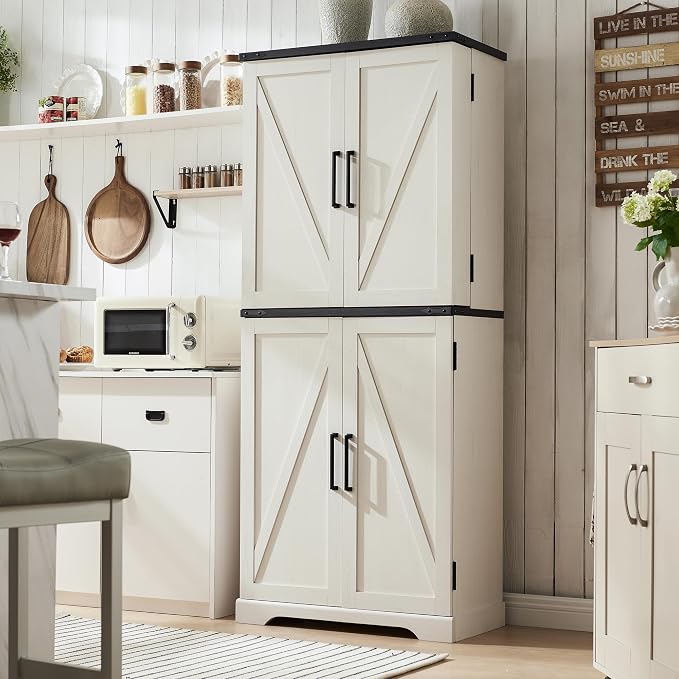 72" Tall Wooden Pantry Storage Cabinet with Door Shelves & Drawer | Farmhouse, Barn Doors, Adjustable Shelves, Freestanding, Anti-tip Kit, for Kitchen, Dining Room, Living Room