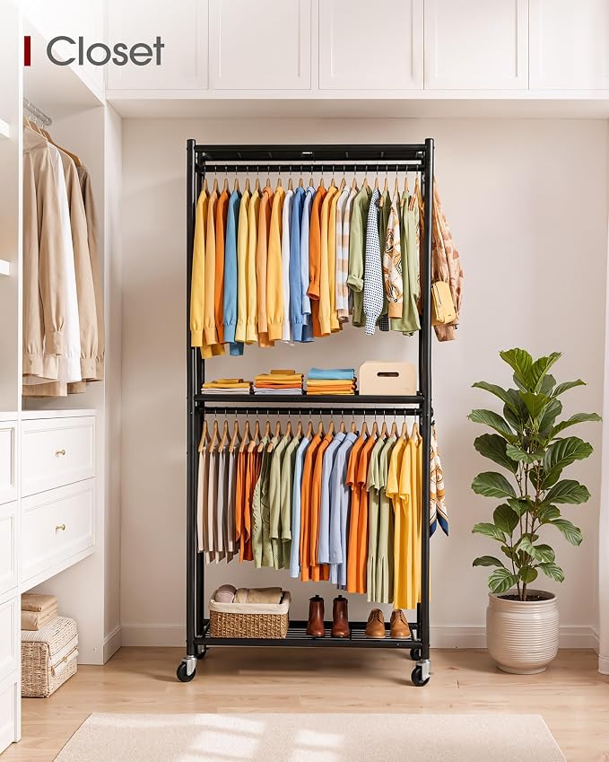 Sakugi Clothes Rack - 33.0" x 12.2" x 79.5" Clothing Rack with Shelves & Wheels, Multi-Functional Wardrobe Closet with Hooks, Sturdy Metal Garment Rack for Bedroom, Laundry, Balcony (Black)